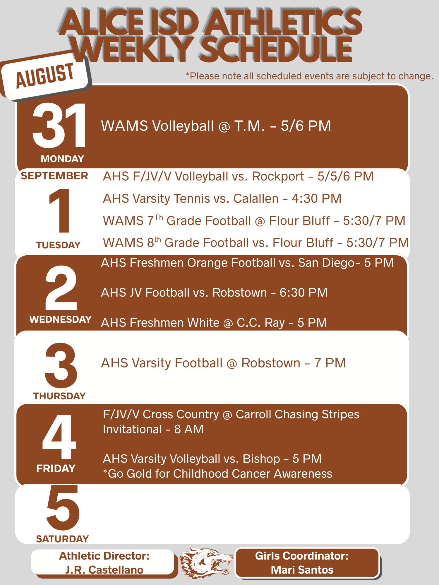 Alice ISD-Athletic Weekly Schedule Aug. 31-Sept.4th 